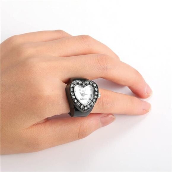 Romantic Black Heart Watch Ring – Crystal-Accented Timepiece Jewelry - Picture 2 of 6